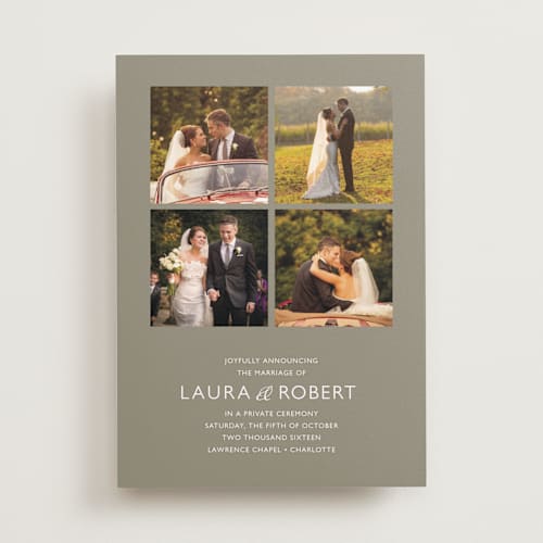 This is a taupe wedding announcements with standard by Carrie Eckert called moments captured printing on recycled smooth signature in standard