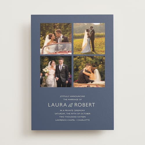 This is a navy wedding announcements with standard by Carrie Eckert called moments captured printing on recycled smooth signature in standard