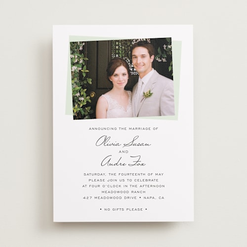 This is a leaf wedding announcements with standard by SimpleTe Design called romantic frame printing on recycled smooth signature in standard