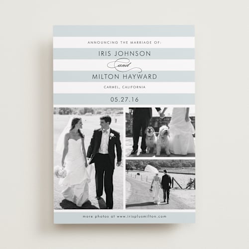 This is a overcast blue wedding announcements with standard by Jill Means called striped gallery printing on recycled smooth signature in standard