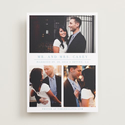 This is a powder blue wedding announcements with standard by Giselle Zimmerman called the simple things printing on recycled smooth signature in standard