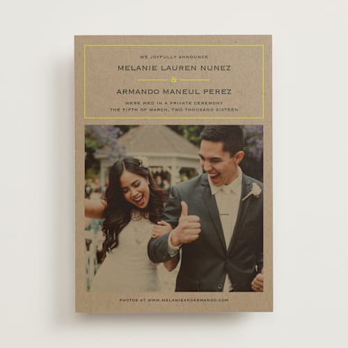 This is a chartreuse wedding announcements with standard by Waldo Press called vintage kraft printing on recycled smooth signature in standard