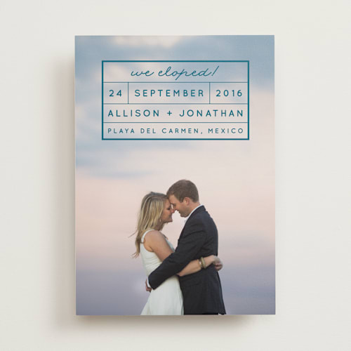 This is a navy wedding announcements with standard by Shirley Lin Schneider called light and airy printing on recycled smooth signature in standard