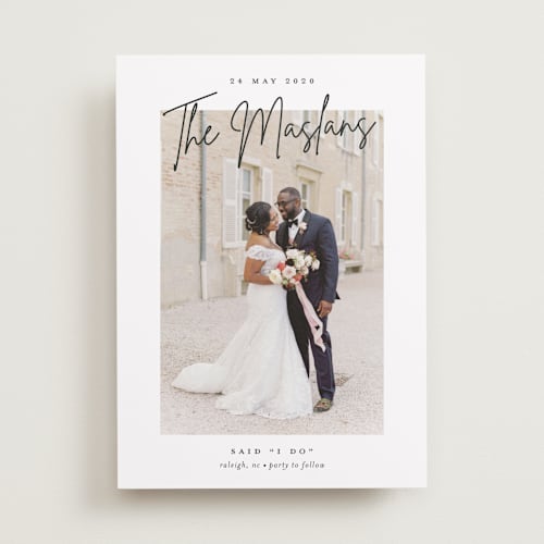 This is a pencil wedding announcements with standard by Stacey Meacham called signature names printing on recycled smooth signature in standard