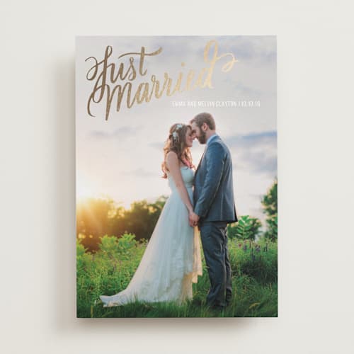 This is a gold wedding announcements with foil pressed by Rebecca Daublin called married script printing on recycled smooth signature in standard