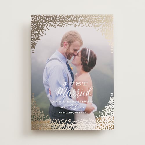This is a gold wedding announcements with foil pressed by Annie Clark called gold rush printing on recycled smooth signature in standard