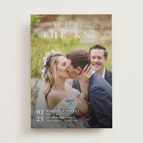 This is a ivory wedding announcements with foil pressed by Shannon Chen of Four Wet Feet Studio called minimalism printing on recycled smooth signature in standard