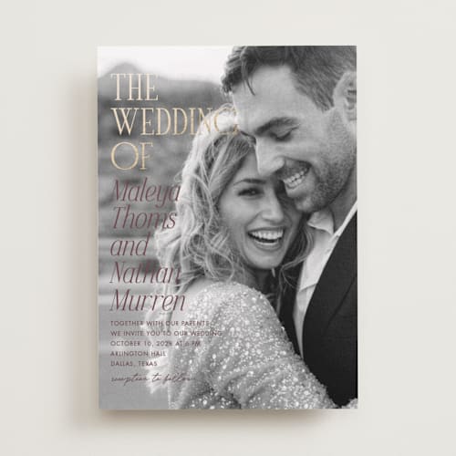 This is a plum foil stamped wedding invitations with foil pressed by Kaydi Bishop called magazine printing on recycled smooth signature in standard