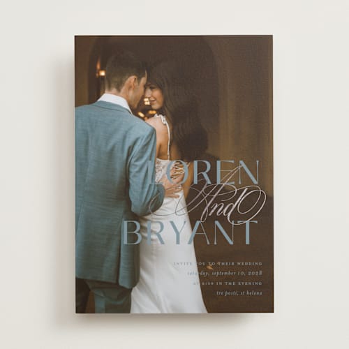 This is a slate foil stamped wedding invitations with foil pressed by Christie Garcia called loren printing on recycled smooth signature in standard
