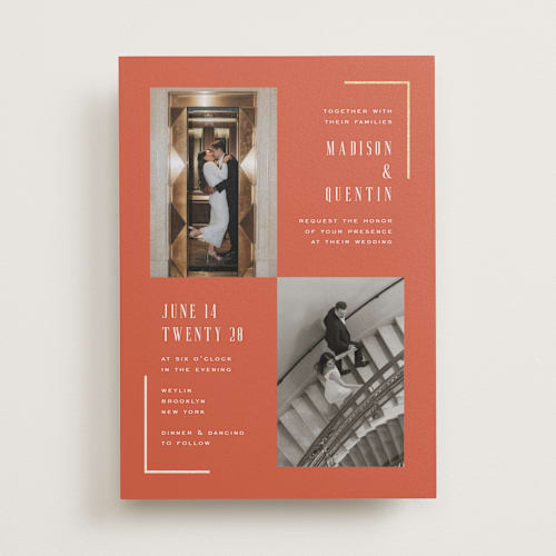 This is a hibiscus foil stamped wedding invitations with foil pressed by Heather Schertzer called documentary printing on recycled smooth signature in standard