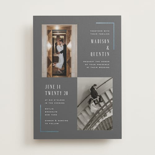 This is a granite foil stamped wedding invitations with foil pressed by Heather Schertzer called documentary printing on recycled smooth signature in standard