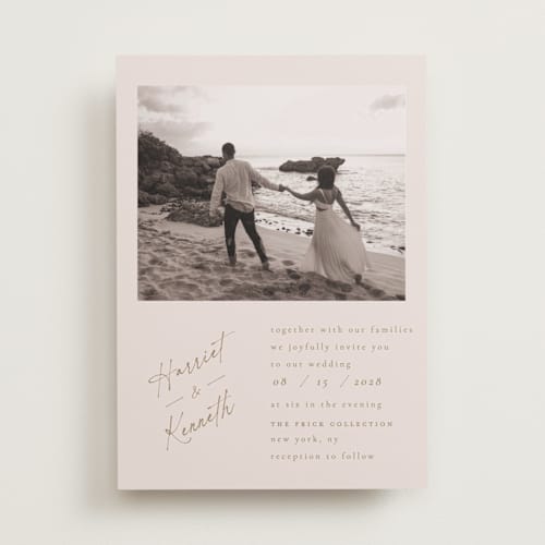 This is a blush wedding invitations with standard by Ana de Sousa called scripted elegance printing on recycled smooth signature in standard