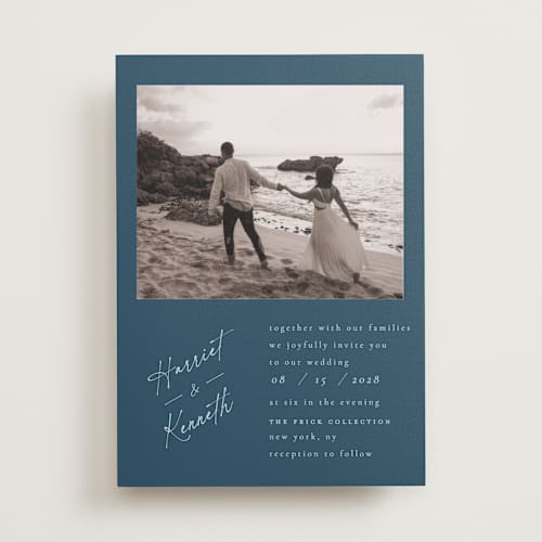 This is a navy wedding invitations with standard by Ana de Sousa called scripted elegance printing on recycled smooth signature in standard