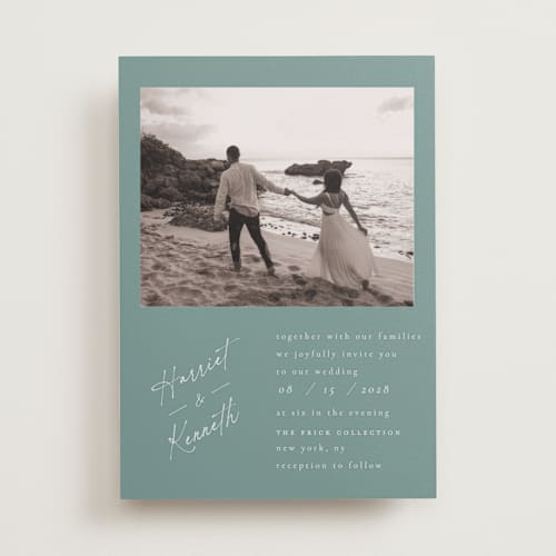 This is a turquoise wedding invitations with standard by Ana de Sousa called scripted elegance printing on recycled smooth signature in standard