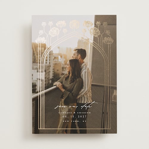 This is a pearl foil stamped save the date cards with foil pressed by Ana de Sousa called nouveau flowers printing on recycled smooth signature in standard
