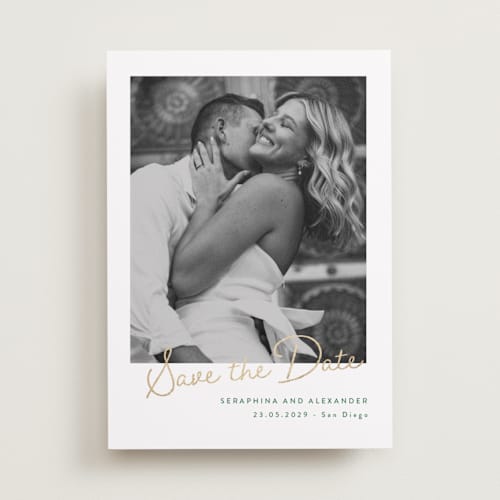 This is a garden green foil stamped save the date cards with foil pressed by Lucrecia Caporale called coastal bloom printing on recycled smooth signature in standard