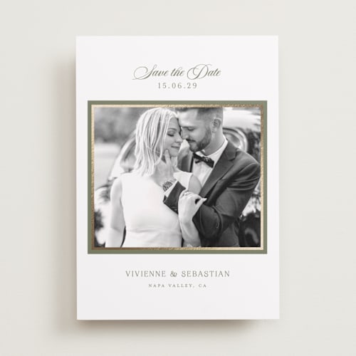 This is a sage foil stamped save the date cards with foil pressed by Lucrecia Caporale called country elegance printing on recycled smooth signature in standard