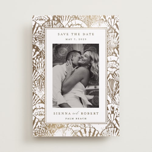 This is a pearl foil stamped save the date cards with foil pressed by Maria Alou called by the seashore printing on recycled smooth signature in standard