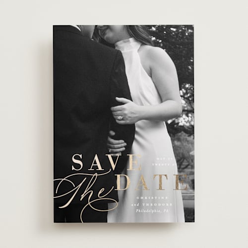 This is a cloud foil stamped save the date cards with foil pressed by Ashley Rosenbaum called composition printing on recycled smooth signature in standard