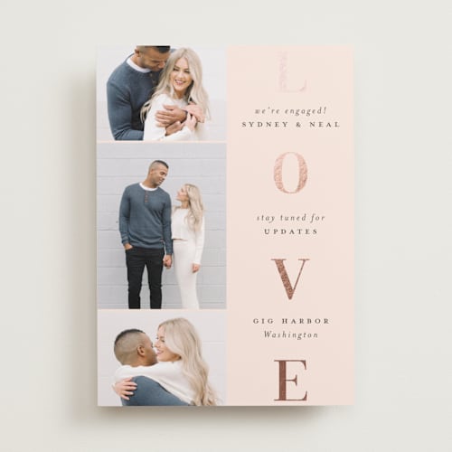 This is a blush foil stamped save the date cards with foil pressed by Stacey Meacham called lovely stack printing on recycled smooth signature in standard