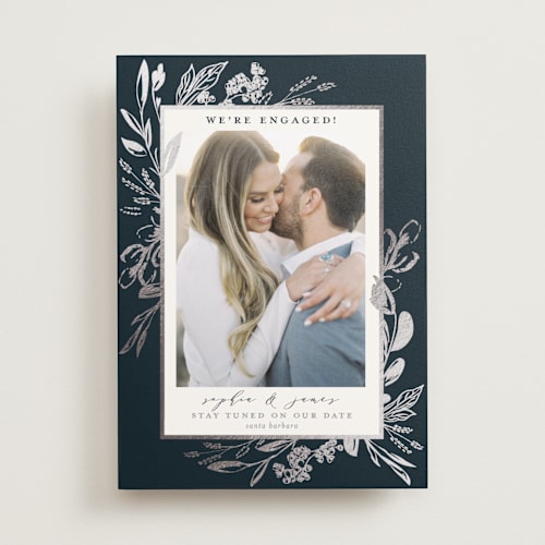 This is a navy foil stamped save the date cards with foil pressed by Susan Moyal called our day printing on recycled smooth signature in standard