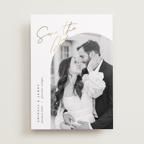 This is a snow foil stamped save the date cards with foil pressed by Pixel and Hank called capture printing on recycled smooth signature in standard