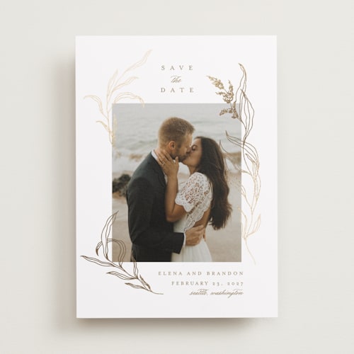 This is a diamond foil stamped save the date cards with foil pressed by Grae called nature embrace printing on recycled smooth signature in standard