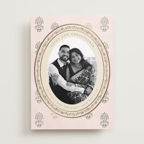 This is a shubh foil stamped save the date cards with foil pressed by Creo Study called amalgamation printing on recycled smooth signature in standard