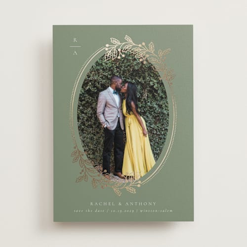 This is a fern foil stamped save the date cards with foil pressed by Jen Owens called vine wrap printing on recycled smooth signature in standard