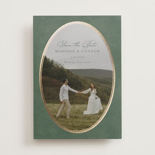 This is a rosemary foil stamped save the date cards with foil pressed by Emily Betts called vintage oval printing on recycled smooth signature in standard