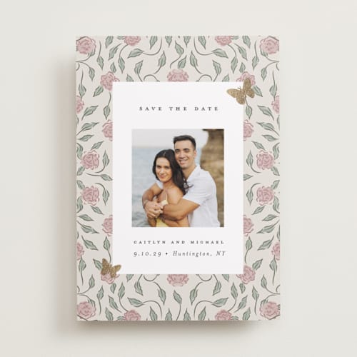 This is a blush foil stamped save the date cards with foil pressed by Grae called dancing in the garden printing on recycled smooth signature in standard