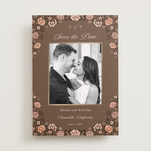This is a chocolate foil stamped save the date cards with foil pressed by Paola Benenati called blooming path printing on recycled smooth signature in standard