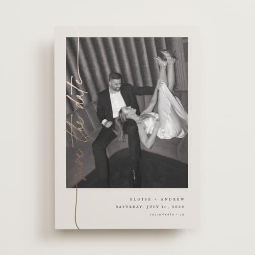 This is a linen foil stamped save the date cards with foil pressed by Pippa Shaw called silk printing on recycled smooth signature in standard