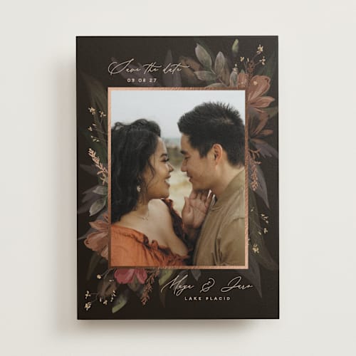 This is a latte foil stamped save the date cards with foil pressed by Susan Moyal called wild love printing on recycled smooth signature in standard