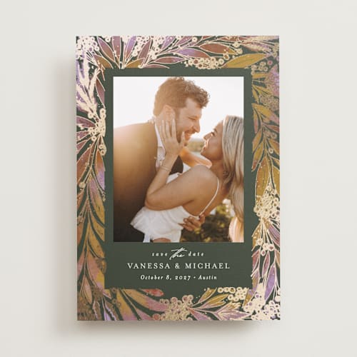 This is a sage foil stamped save the date cards with foil pressed by Jessica Corliss called floral foil printing on recycled smooth signature in standard