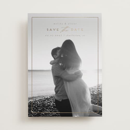 This is a almond foil stamped save the date cards with foil pressed by Deynaaz Daraei called celosia printing on recycled smooth signature in standard