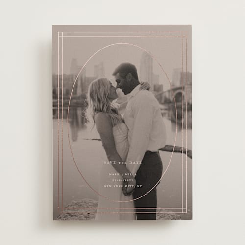 This is a rose foil stamped save the date cards with foil pressed by Ani Somi called champagne printing on recycled smooth signature in standard