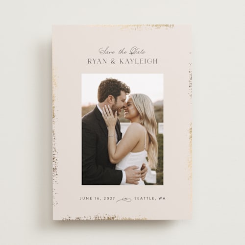 This is a pearl foil stamped save the date cards with foil pressed by Itsy Belle Studio called gilde edge printing on recycled smooth signature in standard