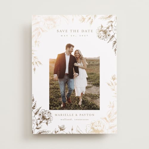 This is a wheat foil stamped save the date cards with foil pressed by Chris Griffith called wildflower date printing on recycled smooth signature in standard
