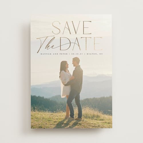 This is a tuxedo foil stamped save the date cards with foil pressed by Everett Paper Goods called verano  printing on recycled smooth signature in standard