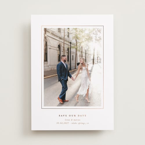 This is a sepia foil stamped save the date cards with foil pressed by Blustery August called iris printing on recycled smooth signature in standard
