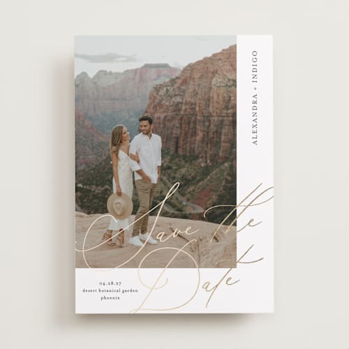 This is a lace foil stamped save the date cards with foil pressed by Jamie Alexander called embellish printing on recycled smooth signature in standard