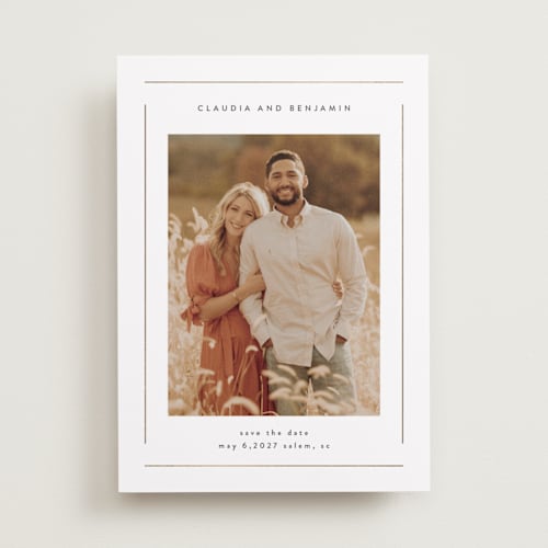 This is a cotton foil stamped save the date cards with foil pressed by Stacey Meacham called elegant minimalism printing on recycled smooth signature in standard