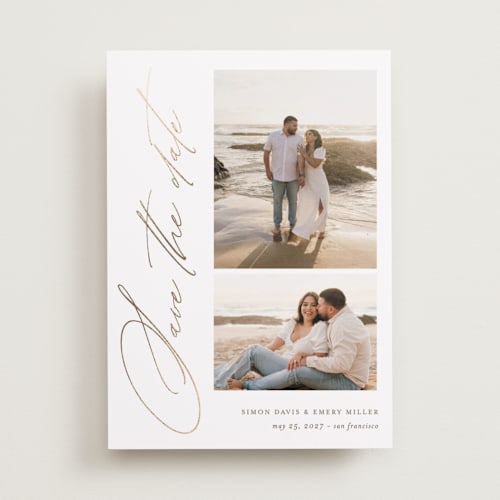 This is a oak foil stamped save the date cards with foil pressed by Kate Ahn called whisp printing on recycled smooth signature in standard