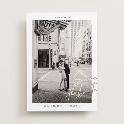 This is a midnight foil stamped save the date cards with foil pressed by Inkblot Design called metro printing on recycled smooth signature in standard