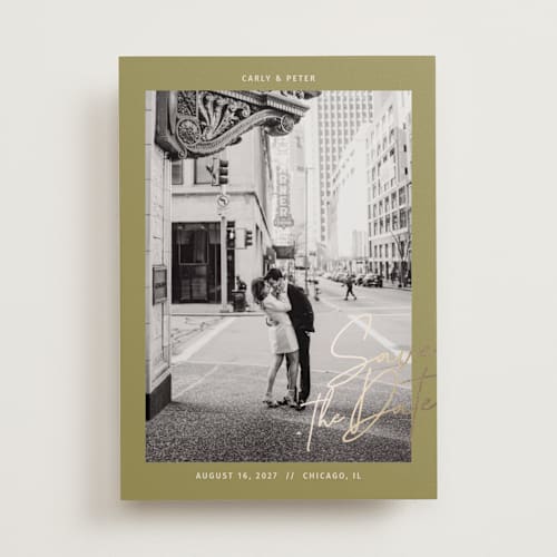 This is a olive foil stamped save the date cards with foil pressed by Inkblot Design called metro printing on recycled smooth signature in 5x7