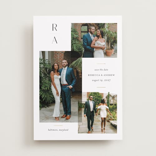 This is a cotton foil stamped save the date cards with foil pressed by Jessica Williams called multiple printing on recycled smooth signature in standard