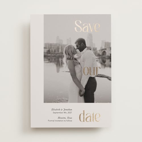 This is a titanium foil stamped save the date cards with foil pressed by Kristin Oliversen called triple gold printing on recycled smooth signature in standard