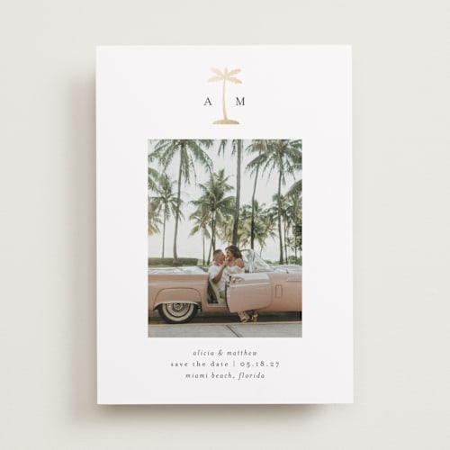 This is a coconut foil stamped save the date cards with foil pressed by Heather Schertzer called palm tree printing on recycled smooth signature in standard