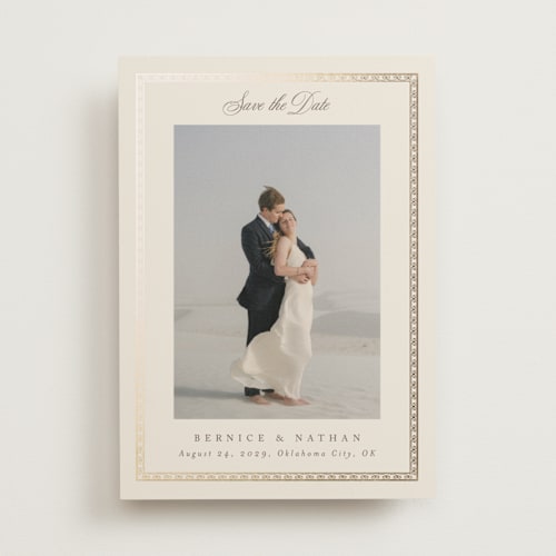 This is a champagne foil stamped save the date cards with foil pressed by Deynaaz Daraei called ahlum printing on recycled smooth signature in standard